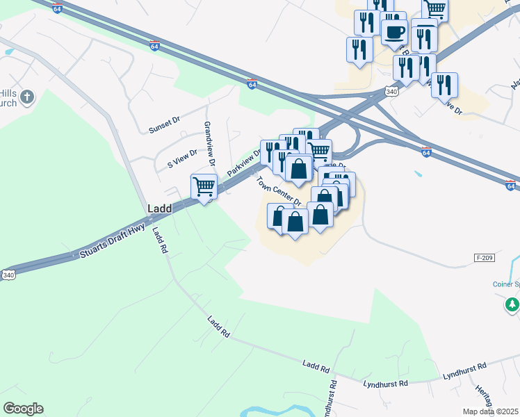 map of restaurants, bars, coffee shops, grocery stores, and more near 841 Town Center Drive in Waynesboro