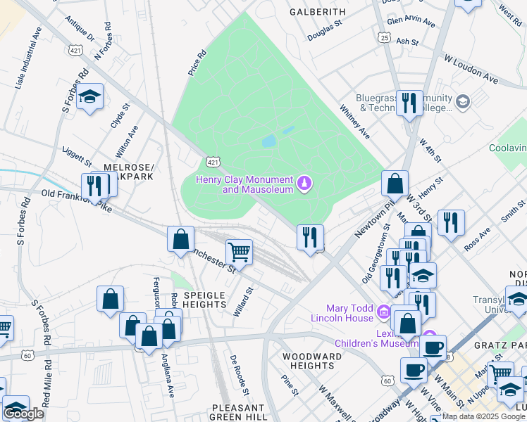 map of restaurants, bars, coffee shops, grocery stores, and more near 858 West Main Street in Lexington