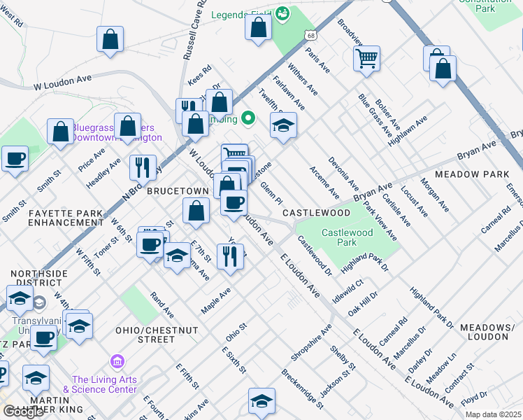 map of restaurants, bars, coffee shops, grocery stores, and more near 811 Bryan Avenue in Lexington