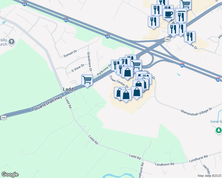 map of restaurants, bars, coffee shops, grocery stores, and more near 841 Town Center Drive in Waynesboro