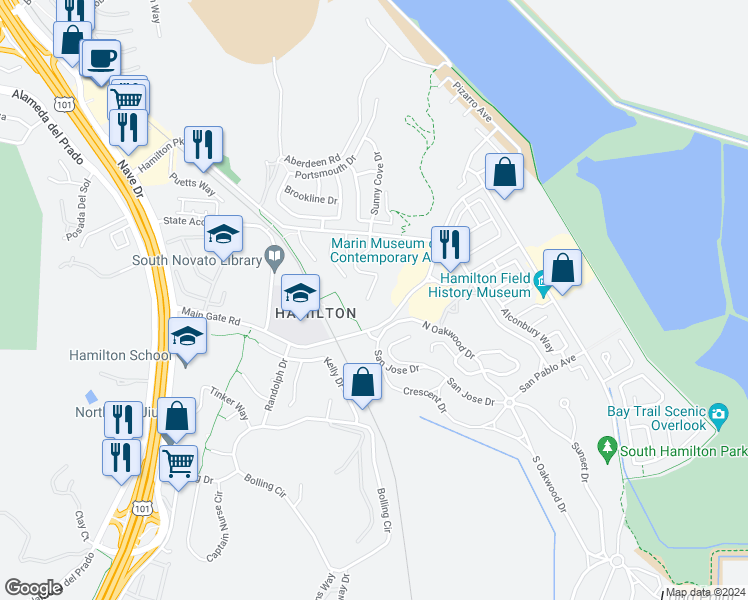 map of restaurants, bars, coffee shops, grocery stores, and more near 145 Chapel Hill Road in Novato
