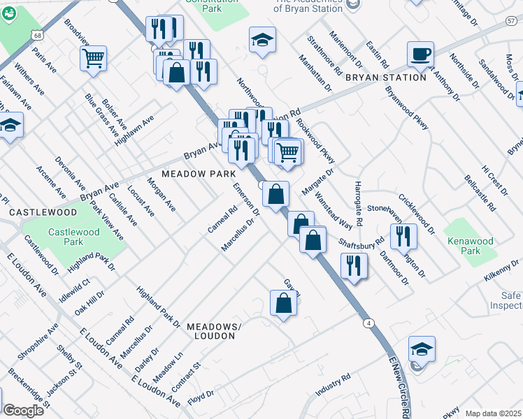 map of restaurants, bars, coffee shops, grocery stores, and more near 523 Emerson Drive in Lexington