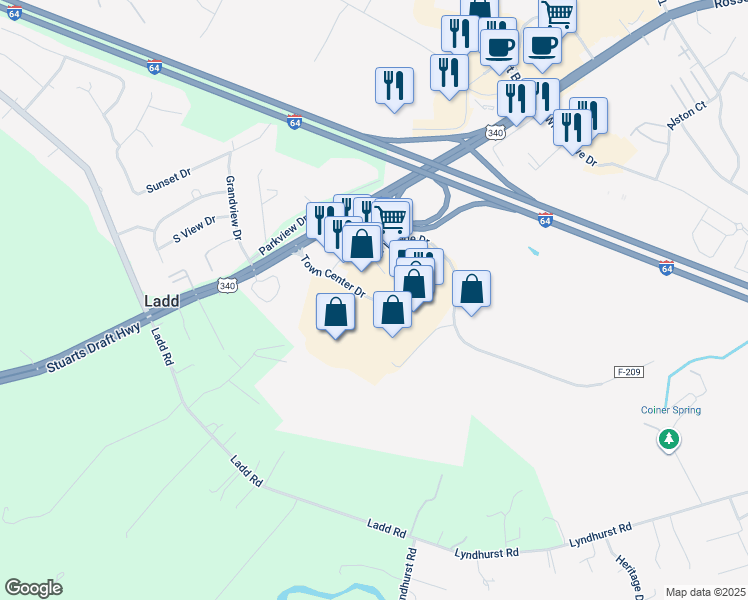 map of restaurants, bars, coffee shops, grocery stores, and more near Town Center Drive in Waynesboro