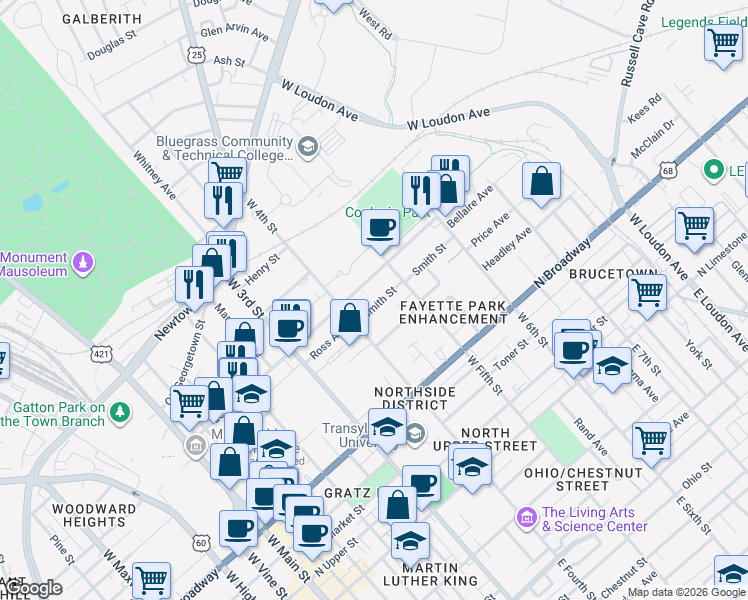 map of restaurants, bars, coffee shops, grocery stores, and more near 435 Smith Street in Lexington