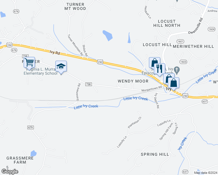 map of restaurants, bars, coffee shops, grocery stores, and more near 3031 Morgantown Road in Charlottesville