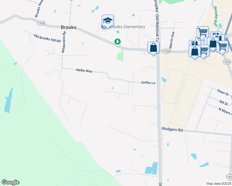 map of restaurants, bars, coffee shops, grocery stores, and more near 315 Griffis Lane in Brooks