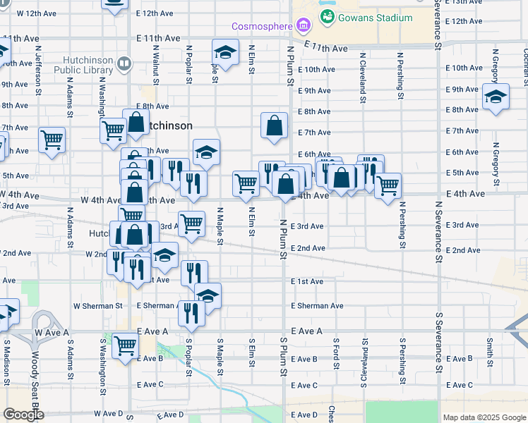 map of restaurants, bars, coffee shops, grocery stores, and more near 401 East 4th Avenue in Hutchinson