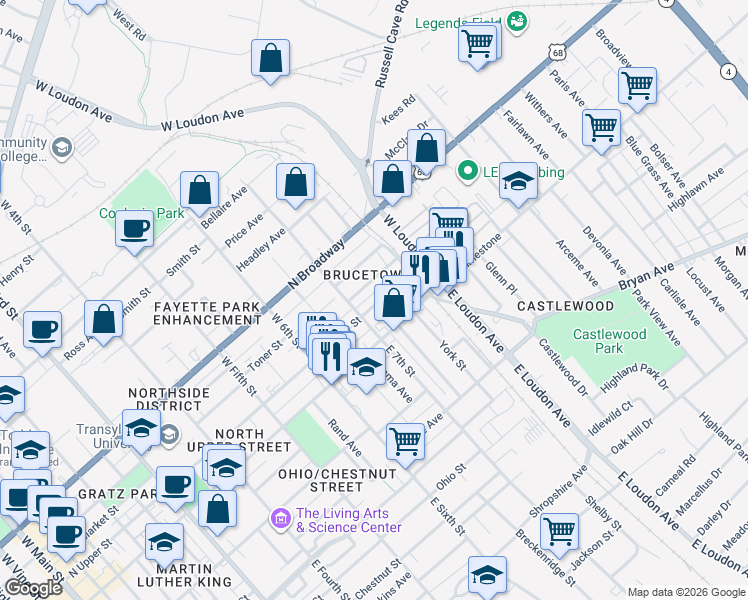 map of restaurants, bars, coffee shops, grocery stores, and more near 723 North Upper Street in Lexington