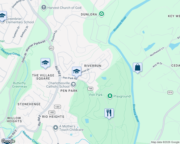 map of restaurants, bars, coffee shops, grocery stores, and more near 746 Exton Court in Charlottesville