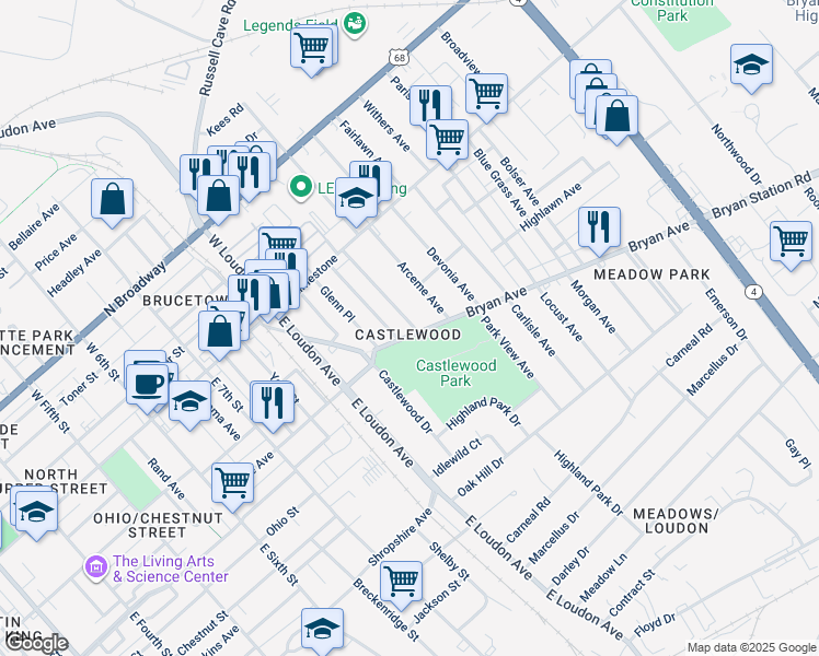 map of restaurants, bars, coffee shops, grocery stores, and more near 909 Bryan Avenue in Lexington