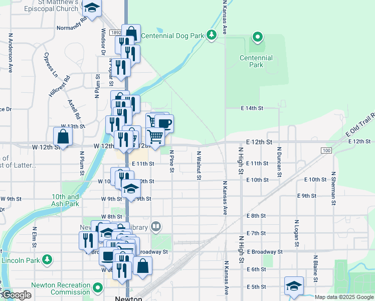 map of restaurants, bars, coffee shops, grocery stores, and more near 329 East 12th Street in Newton
