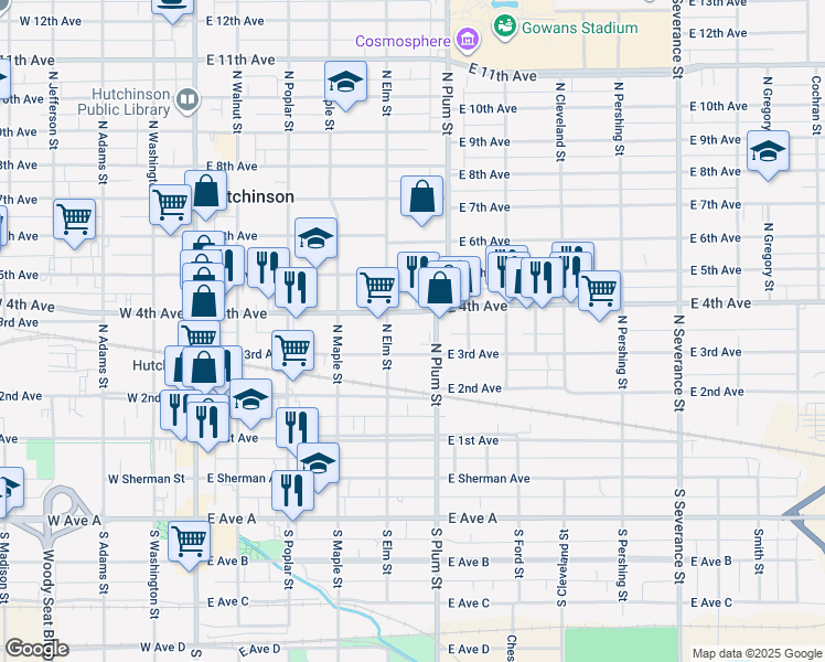 map of restaurants, bars, coffee shops, grocery stores, and more near 401 East 4th Avenue in Hutchinson