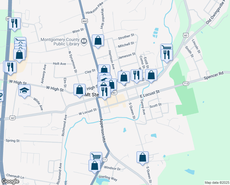 map of restaurants, bars, coffee shops, grocery stores, and more near 307 East Main Street in Mount Sterling