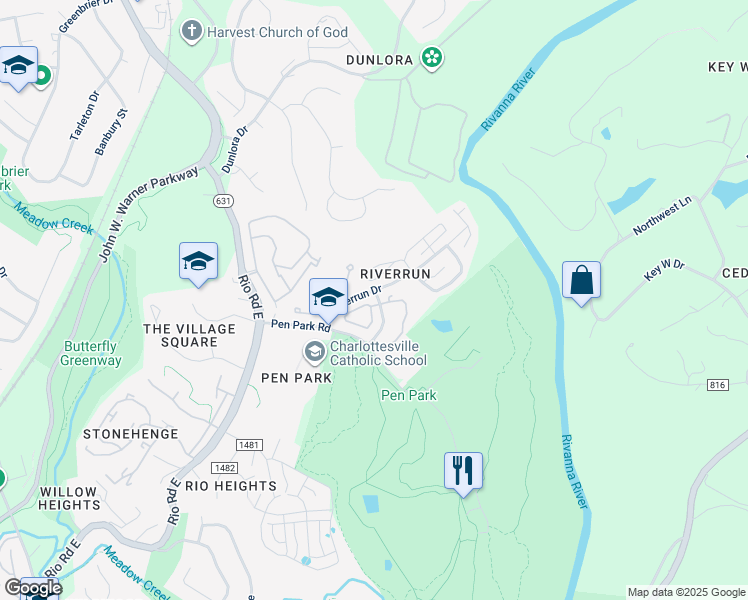 map of restaurants, bars, coffee shops, grocery stores, and more near 770 Merion Greene in Charlottesville