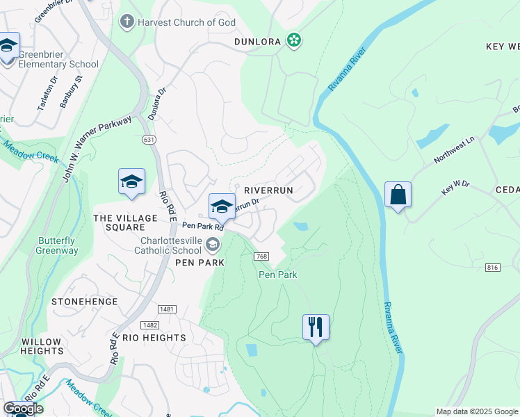map of restaurants, bars, coffee shops, grocery stores, and more near 767 Exton Court in Charlottesville