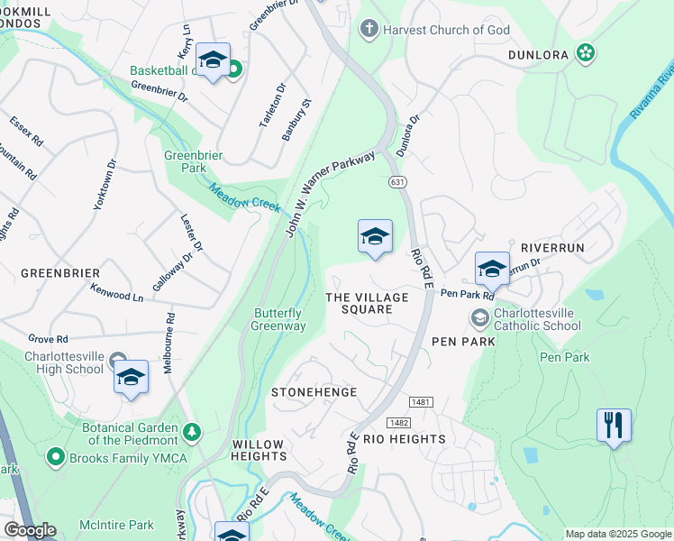 map of restaurants, bars, coffee shops, grocery stores, and more near 970 Towne Lane in Charlottesville