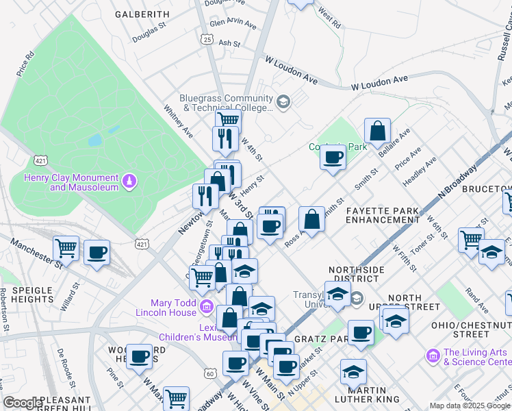 map of restaurants, bars, coffee shops, grocery stores, and more near 317 Blackburn Avenue in Lexington