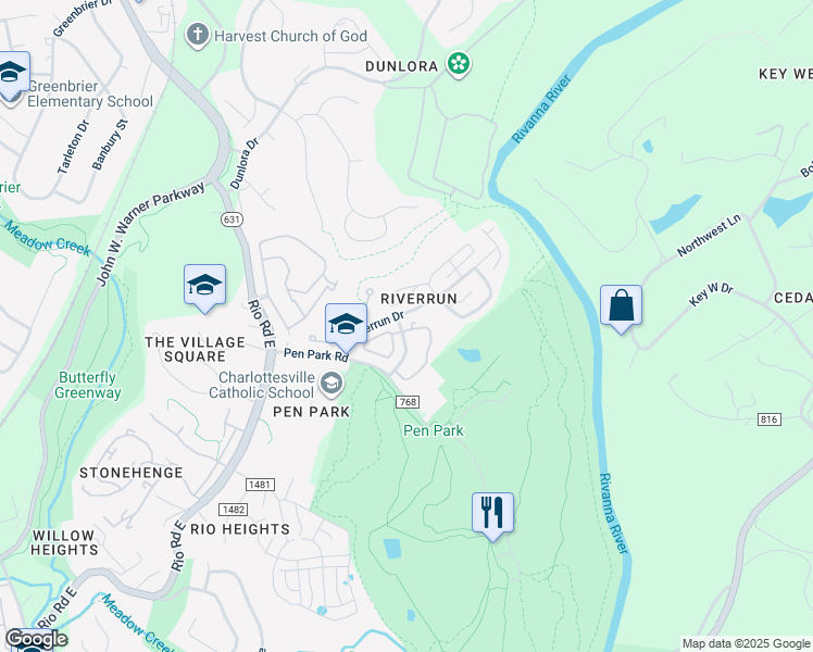 map of restaurants, bars, coffee shops, grocery stores, and more near 767 Exton Court in Charlottesville