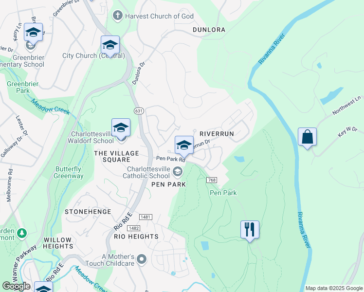 map of restaurants, bars, coffee shops, grocery stores, and more near 1238 Chatham Ridge in Charlottesville