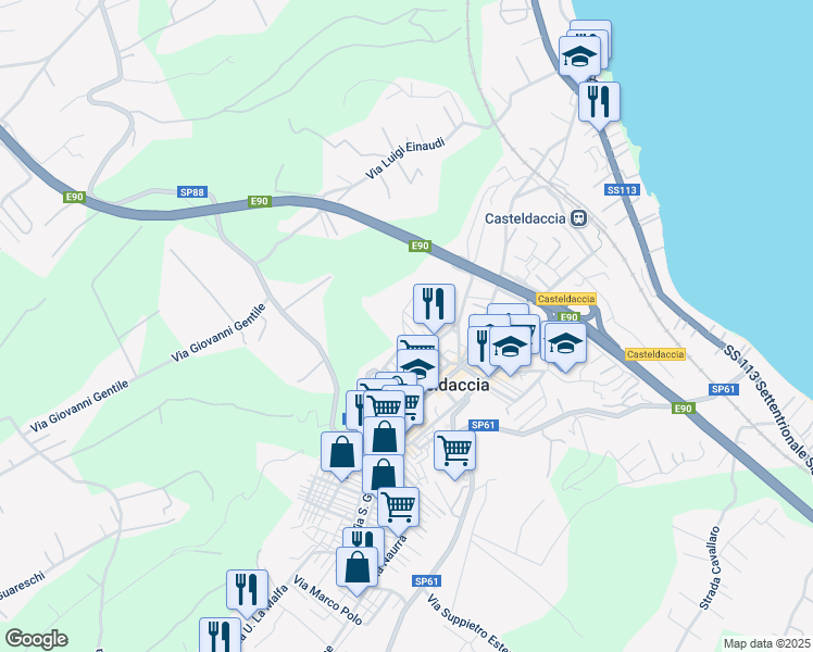 map of restaurants, bars, coffee shops, grocery stores, and more near 48 Via Sardegna in Casteldaccia