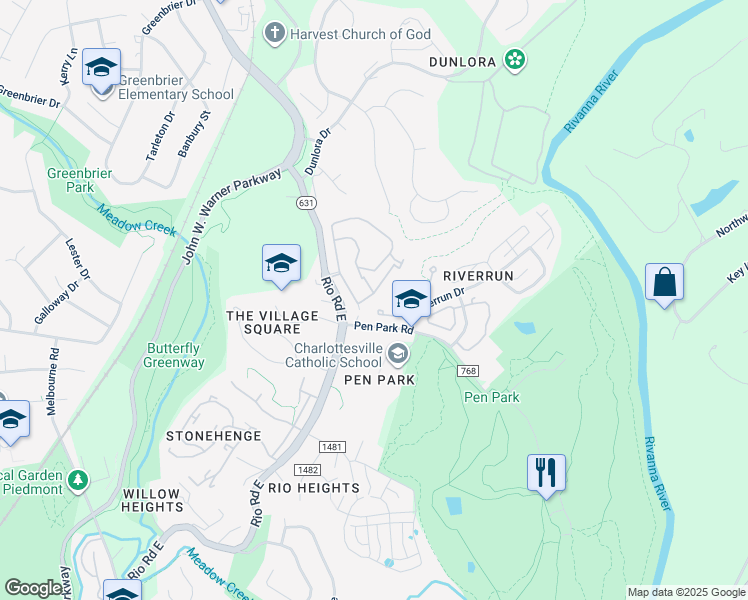 map of restaurants, bars, coffee shops, grocery stores, and more near 1200 Chatham Ridge in Charlottesville