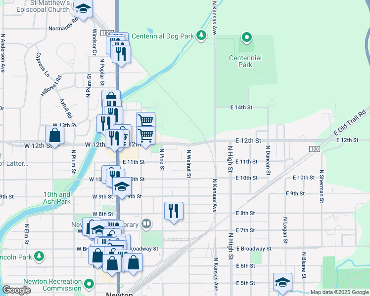 map of restaurants, bars, coffee shops, grocery stores, and more near 329 East 12th Street in Newton