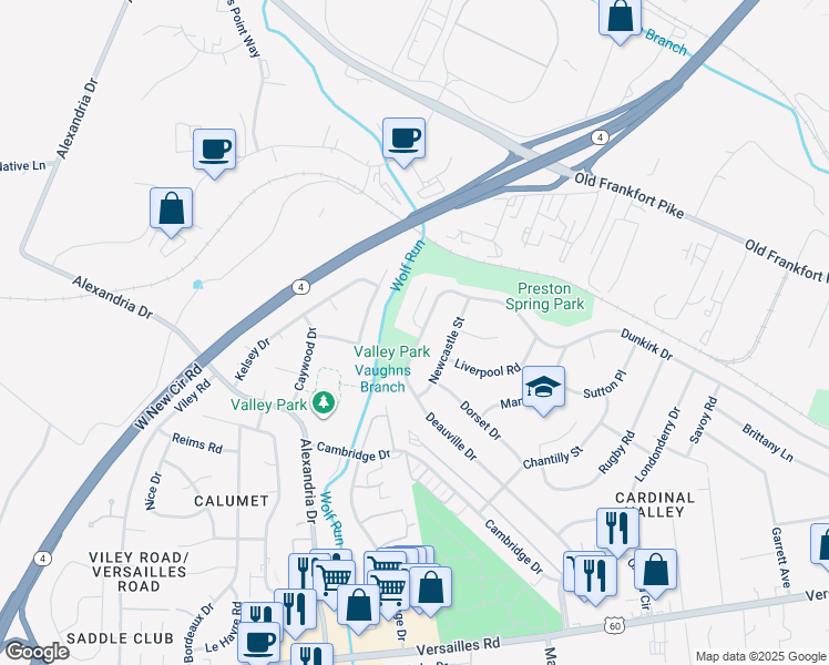 map of restaurants, bars, coffee shops, grocery stores, and more near 2124 Deauville Drive in Lexington