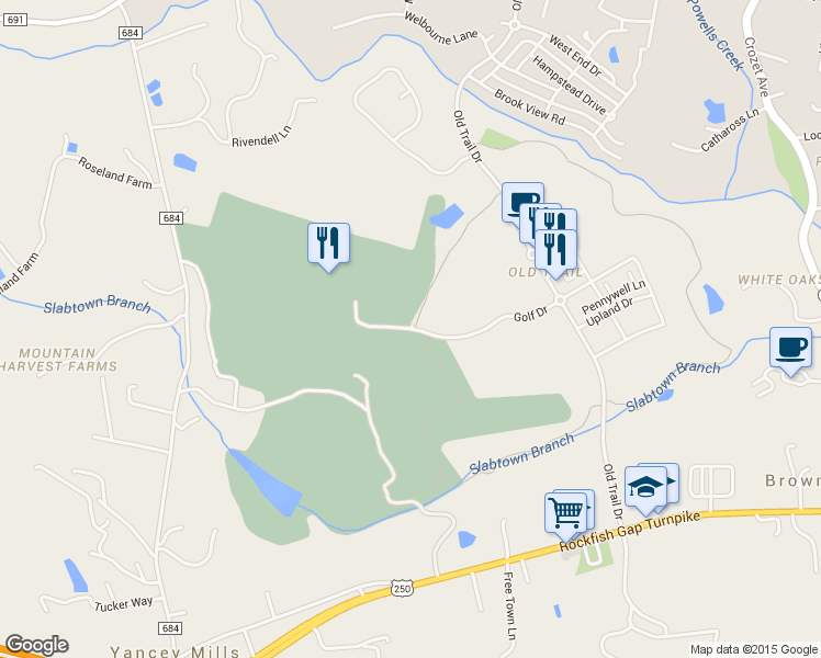 map of restaurants, bars, coffee shops, grocery stores, and more near 772 Golf View Drive in Crozet
