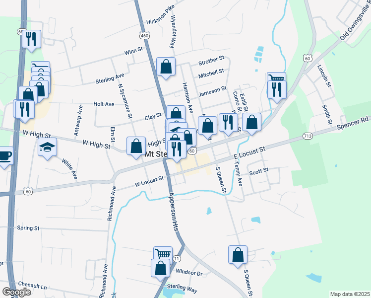 map of restaurants, bars, coffee shops, grocery stores, and more near 24 East Main Street in Mount Sterling