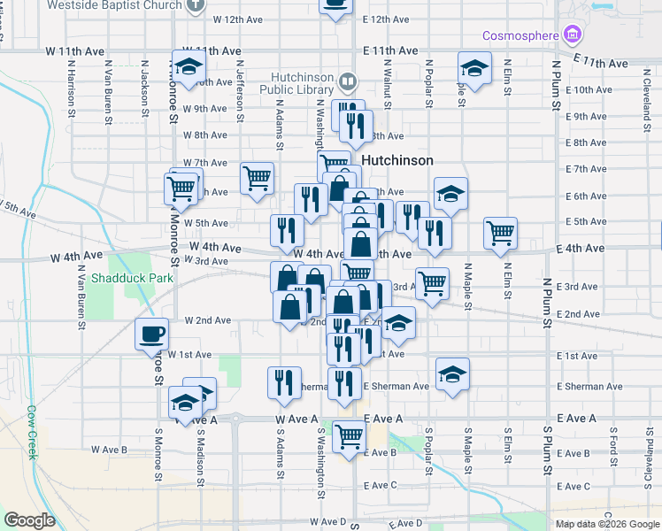 map of restaurants, bars, coffee shops, grocery stores, and more near 335 North Washington Street in Hutchinson