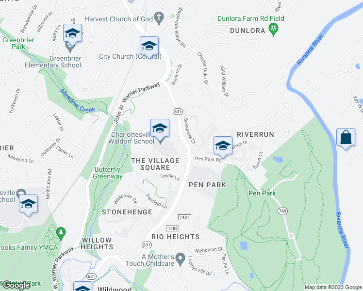 map of restaurants, bars, coffee shops, grocery stores, and more near 746 Rio Road East in Charlottesville