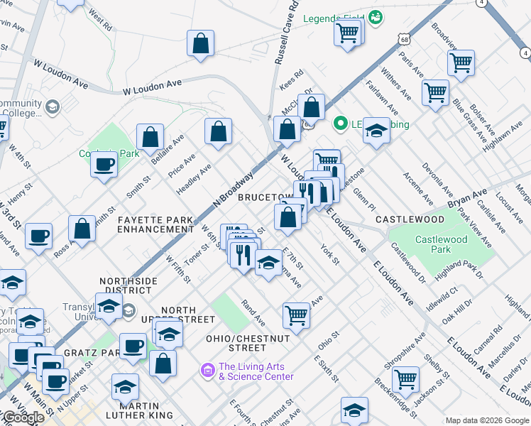 map of restaurants, bars, coffee shops, grocery stores, and more near 723 North Upper Street in Lexington