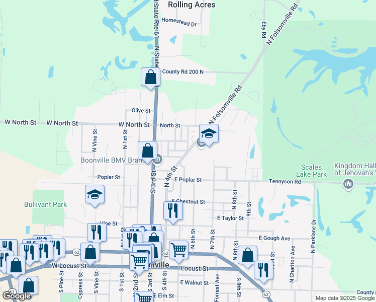 map of restaurants, bars, coffee shops, grocery stores, and more near 900 North 4th Street in Boonville
