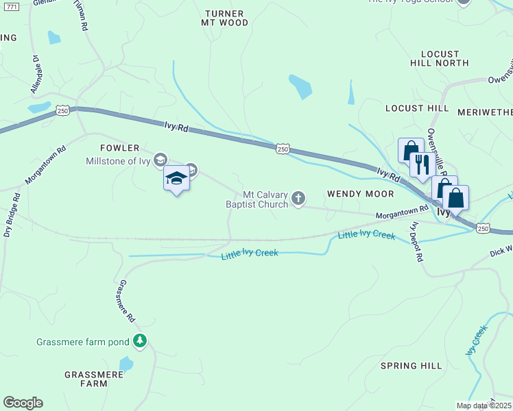 map of restaurants, bars, coffee shops, grocery stores, and more near 3115 Morgantown Road in Charlottesville