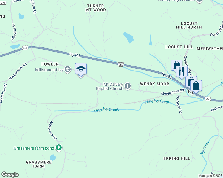 map of restaurants, bars, coffee shops, grocery stores, and more near 3097 Morgantown Road in Charlottesville