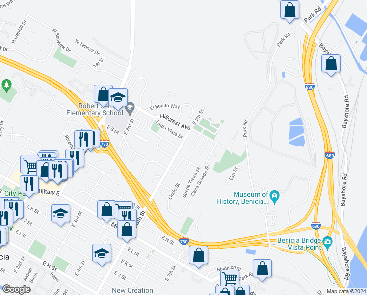 map of restaurants, bars, coffee shops, grocery stores, and more near 2126 East 5th Street in Benicia