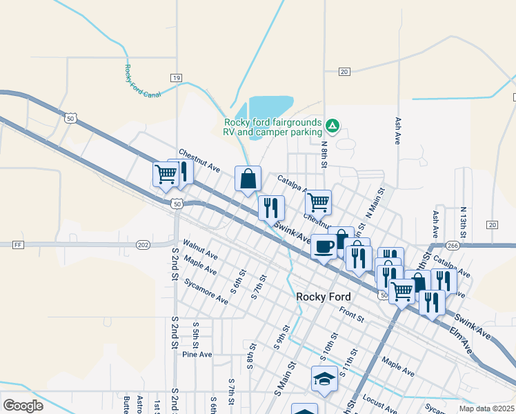 map of restaurants, bars, coffee shops, grocery stores, and more near 304 North 5th Street in Rocky Ford