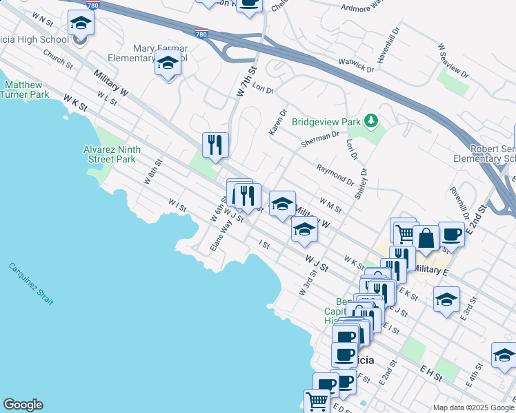 map of restaurants, bars, coffee shops, grocery stores, and more near 1025 West 5th Street in Benicia