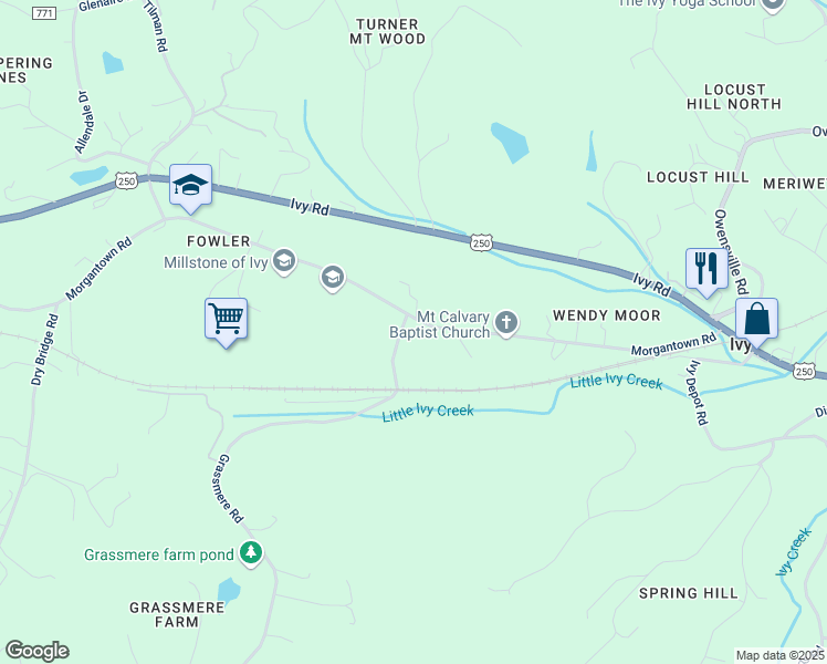 map of restaurants, bars, coffee shops, grocery stores, and more near 3115 Morgantown Road in Charlottesville
