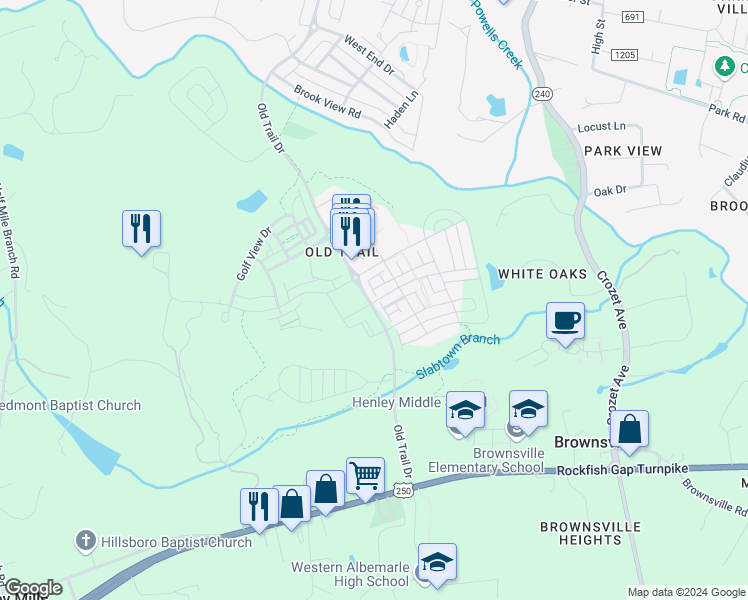 map of restaurants, bars, coffee shops, grocery stores, and more near 1070 Old Trail Drive in Crozet