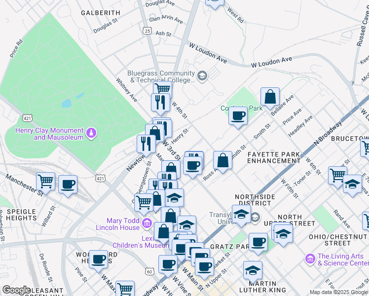 map of restaurants, bars, coffee shops, grocery stores, and more near 317 Blackburn Avenue in Lexington