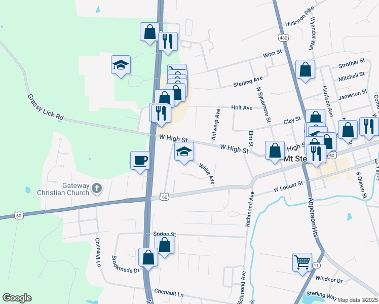 map of restaurants, bars, coffee shops, grocery stores, and more near 10 White Avenue in Mount Sterling