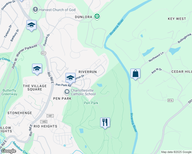 map of restaurants, bars, coffee shops, grocery stores, and more near 1317 Wimbledon Way in Charlottesville