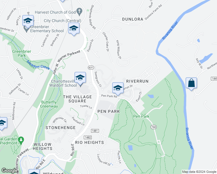 map of restaurants, bars, coffee shops, grocery stores, and more near 2022 BethPage Court in Charlottesville