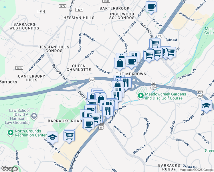 map of restaurants, bars, coffee shops, grocery stores, and more near Earhart Street in Charlottesville
