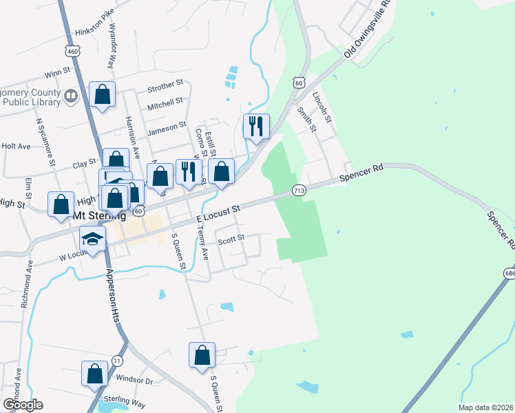 map of restaurants, bars, coffee shops, grocery stores, and more near 522 East Locust Street in Mount Sterling