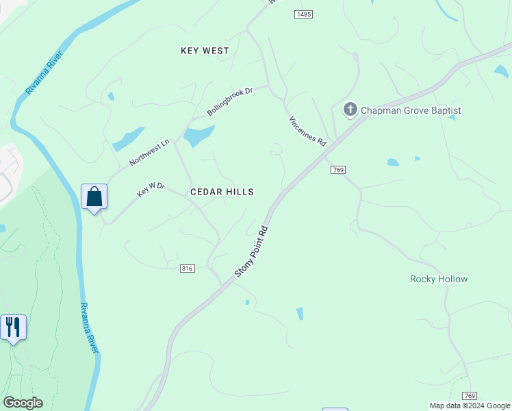 map of restaurants, bars, coffee shops, grocery stores, and more near 99 Key West Drive in Charlottesville