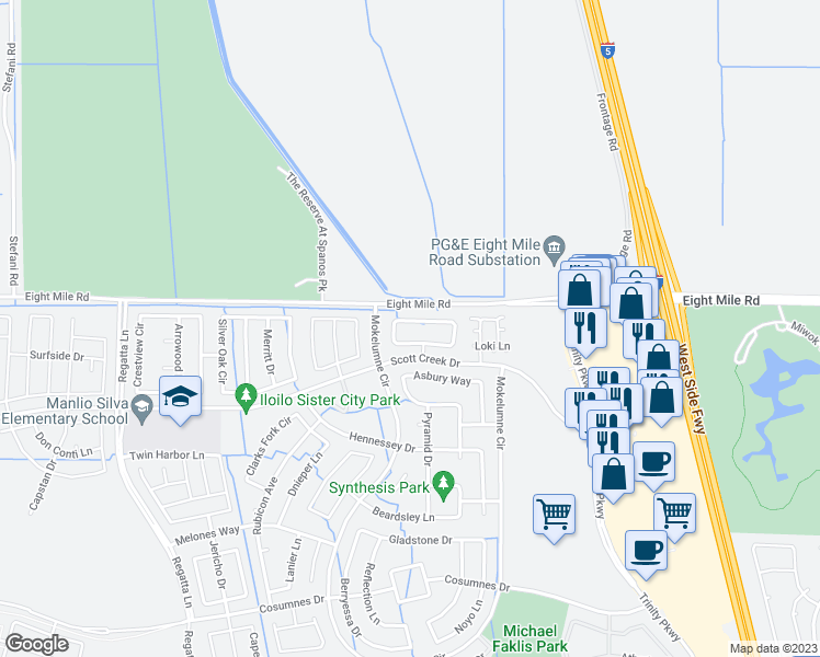map of restaurants, bars, coffee shops, grocery stores, and more near 5450 Ridgeview Circle in Stockton