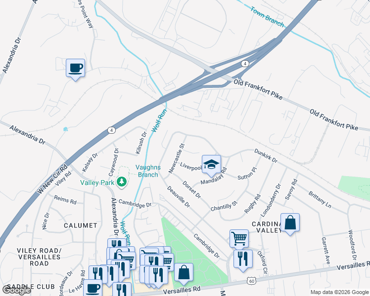 map of restaurants, bars, coffee shops, grocery stores, and more near 212 Newcastle Court in Lexington