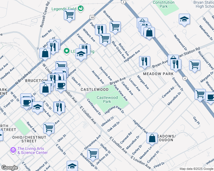 map of restaurants, bars, coffee shops, grocery stores, and more near 1825 Little Herb Way in Lexington